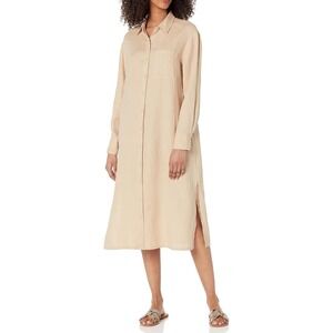 The Drop Hummus Beige 100% Linen Maxi Shirt Dress Sz L